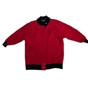 Herman Kay Women's Red Black Pleated Wool Blend Coat Ribbed Collar Bomber Sz 12